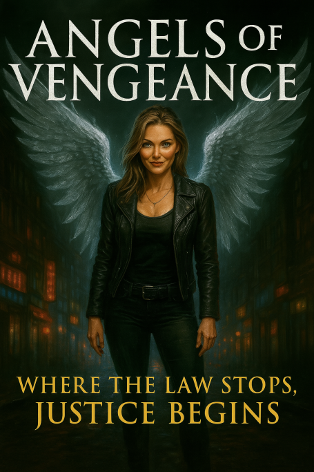 A woman with wings stands confidently in a dark urban setting, wearing a leather jacket.